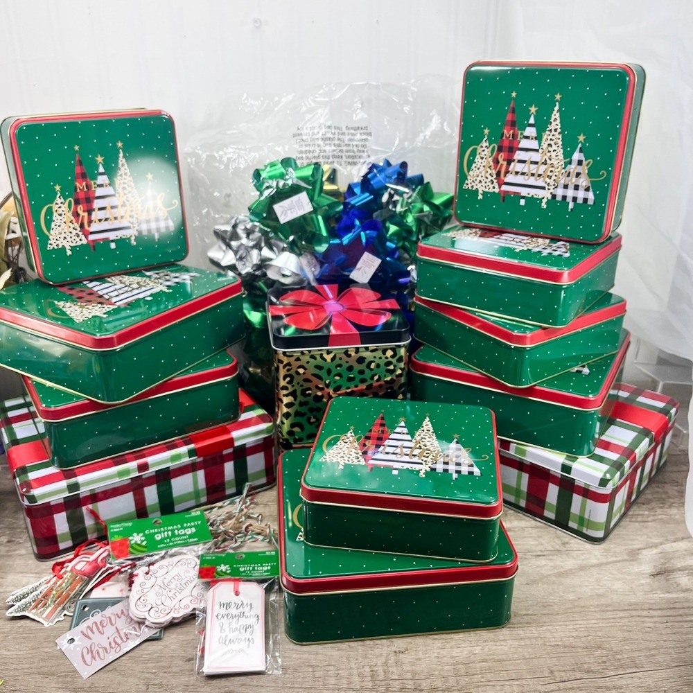 NEW Lot 12 Christmas Cookie Tins Metal Holiday Gift Boxes Small Large + Bows Tag